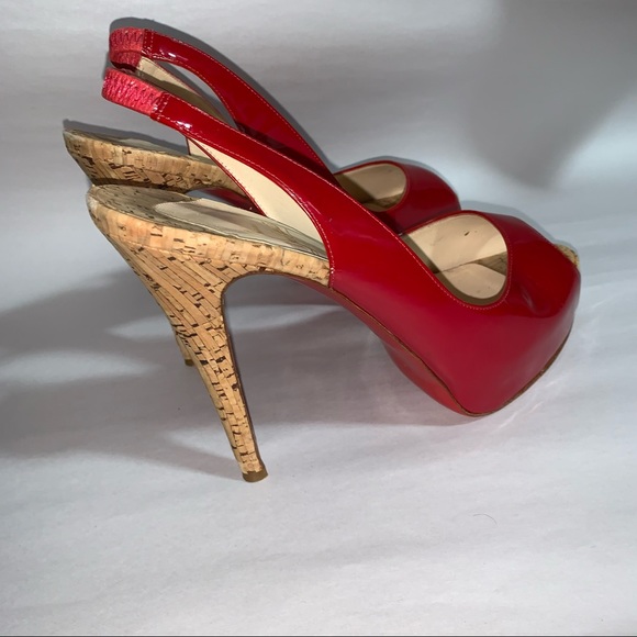CHRISTIAN LOUBOUTIN size 39 red patent leather peep toe SLINGBACK platform HEELS - Picture 7 of 12